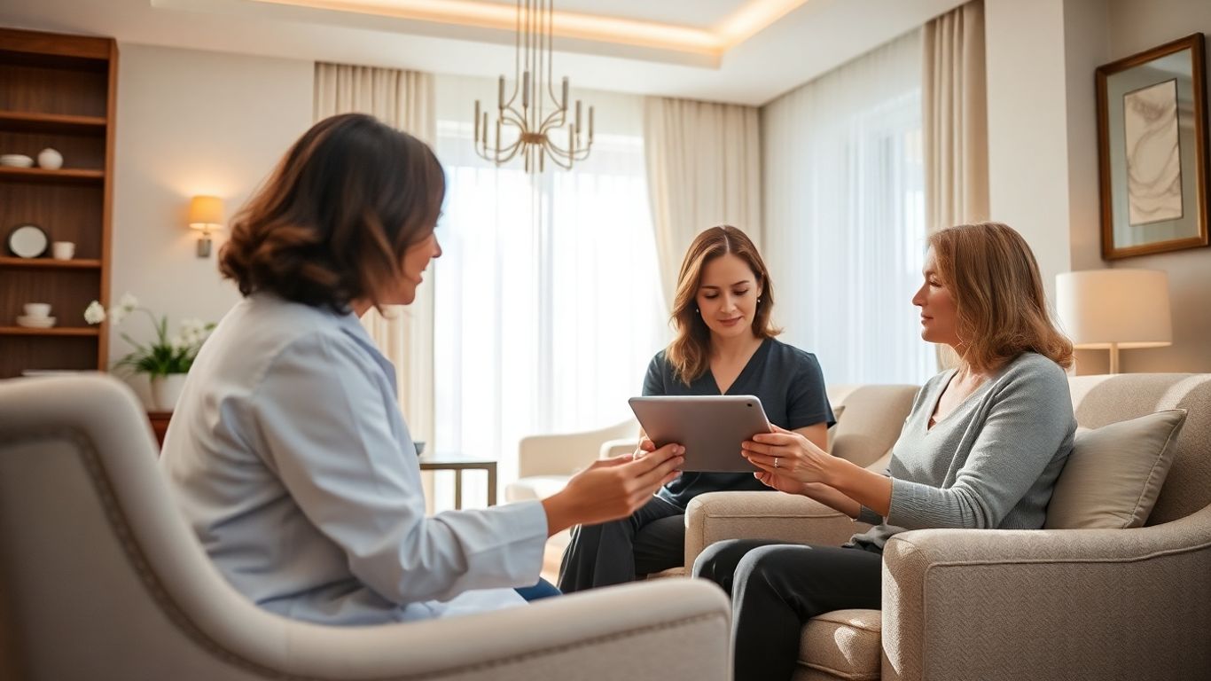 Luxury rehab room with therapist and client discussing care plan.