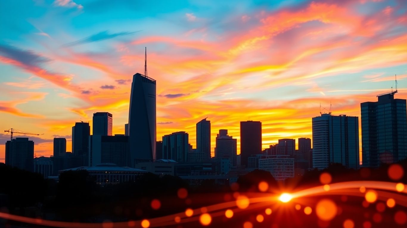 Australian cityscape at dusk with abstract financial glow.