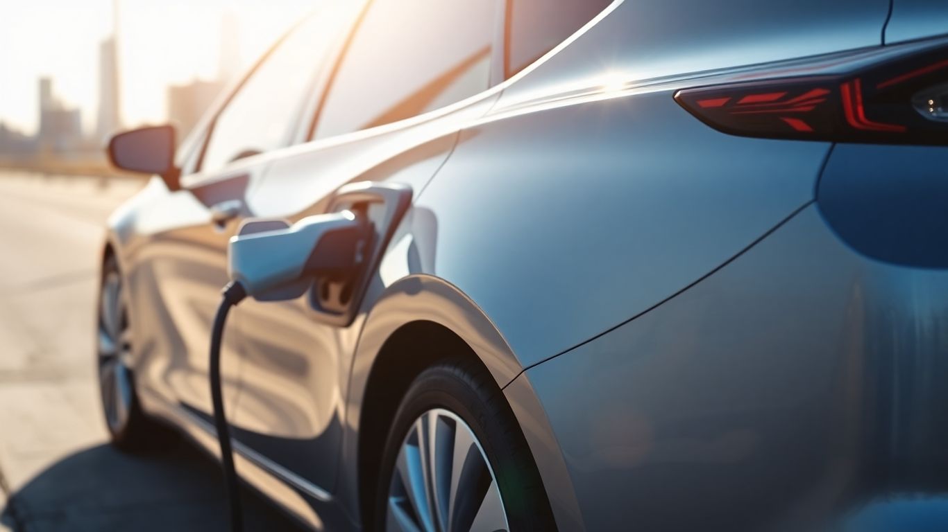 Carro híbrido plug-in moderno em estrada ensolarada.