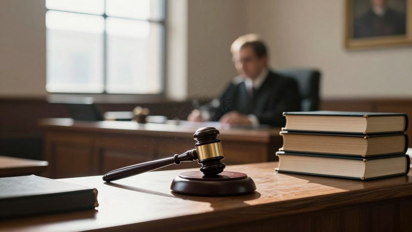 Courtroom with judge and gavel.