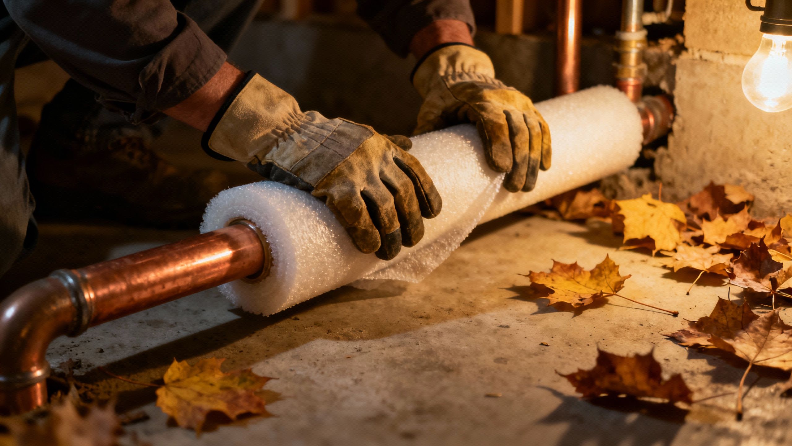 Homeowner insulating pipes for fall plumbing.