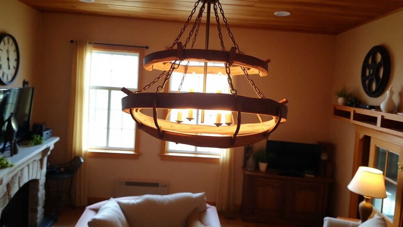 Wood rustic chandelier in a cosy living room.