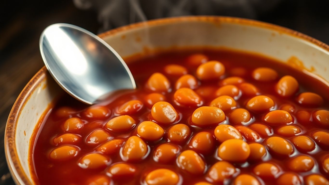 Bowl of Heinz beans in tomato sauce with spoon.
