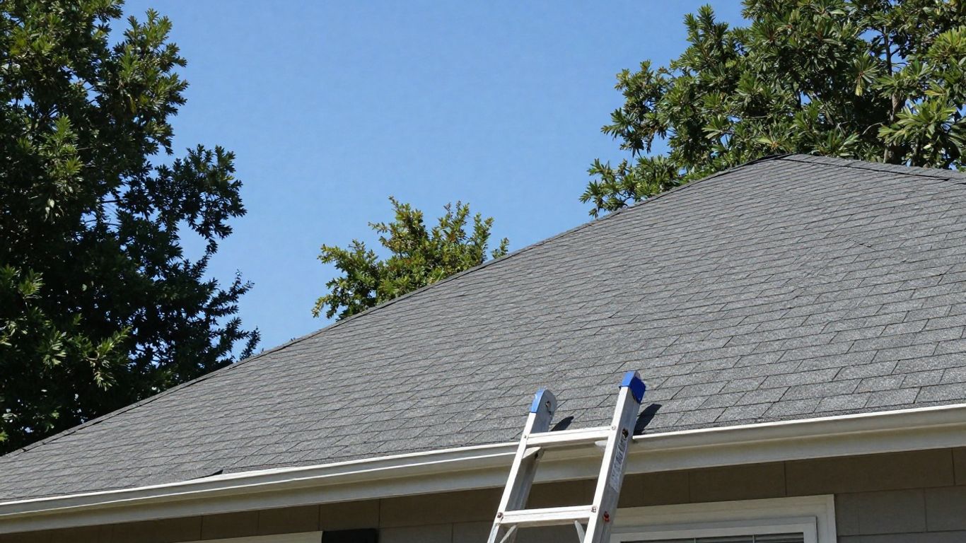 Residential roof inspection with ladder against house.