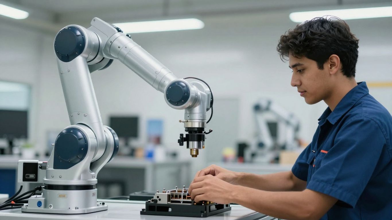 Roboți colaborativi în acțiune cu muncitori umani.