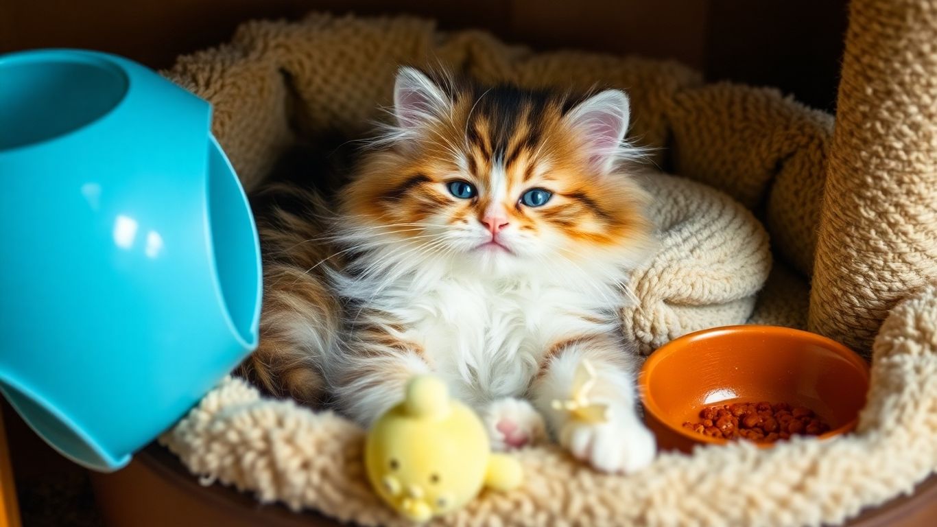 Kitten enjoying its new home with starter kit items.
