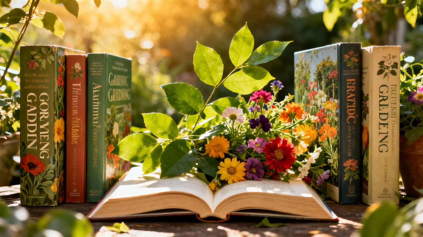 Six gardening books with plants and flowers.