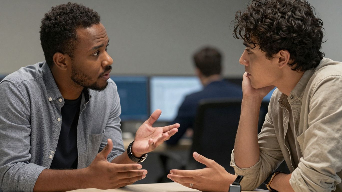 Oameni discutând pașnic, colaborând pentru consens.