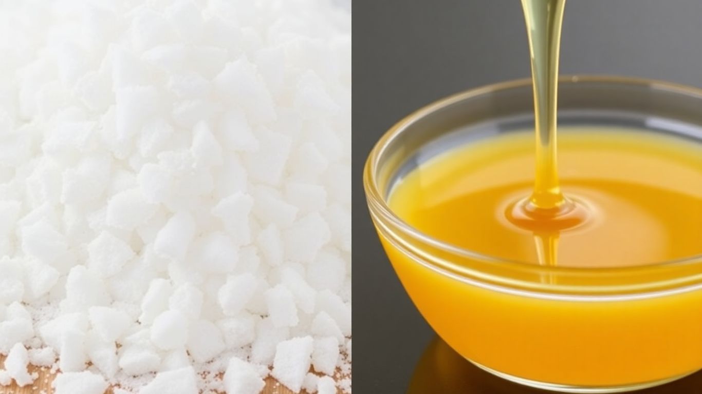 Invert sugar syrup next to white sugar crystals.