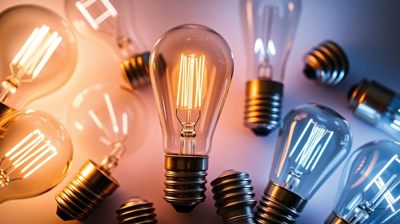 Various bayonet light bulbs emitting different light colours.