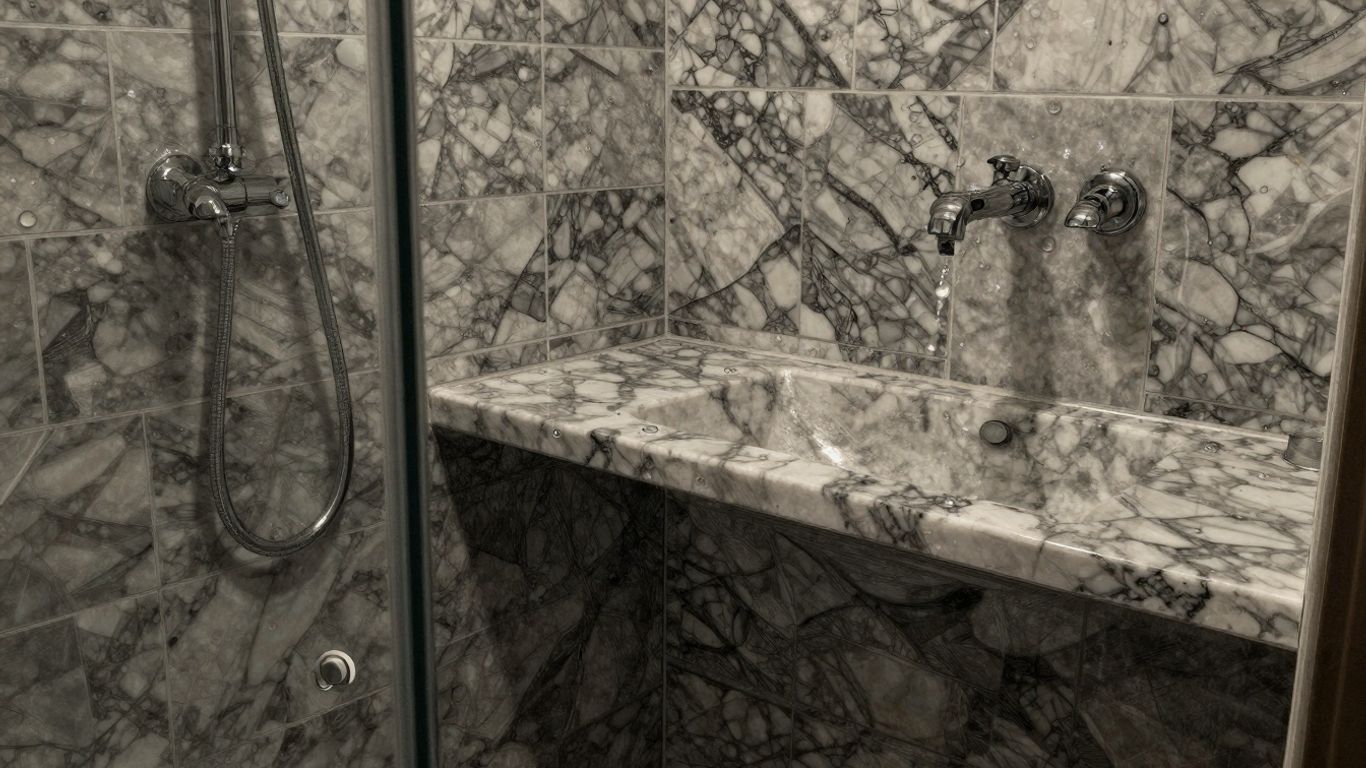 Sketch of a sparkling clean marble tile shower.