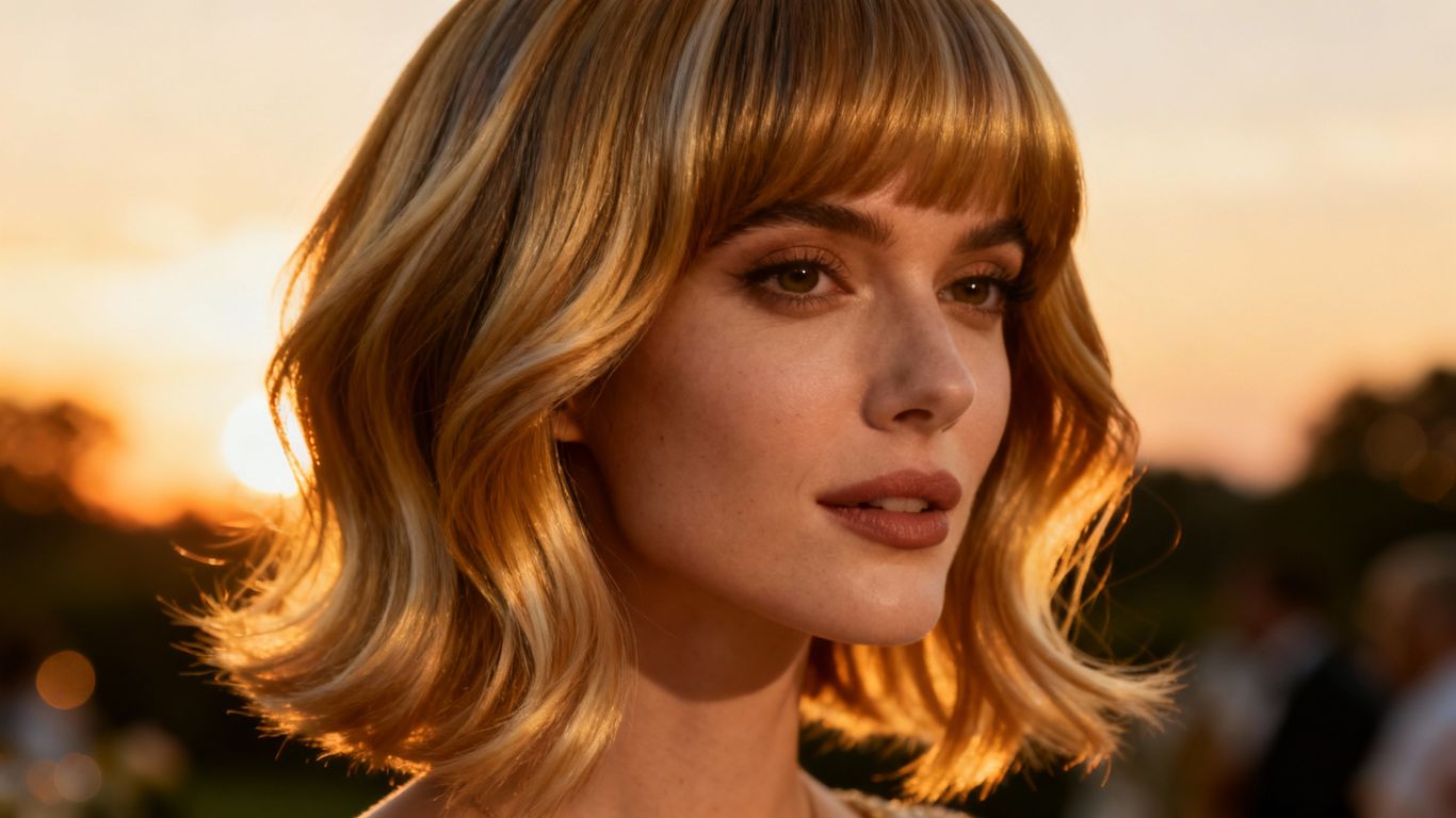 Woman with layered wig styled for cool evenings.