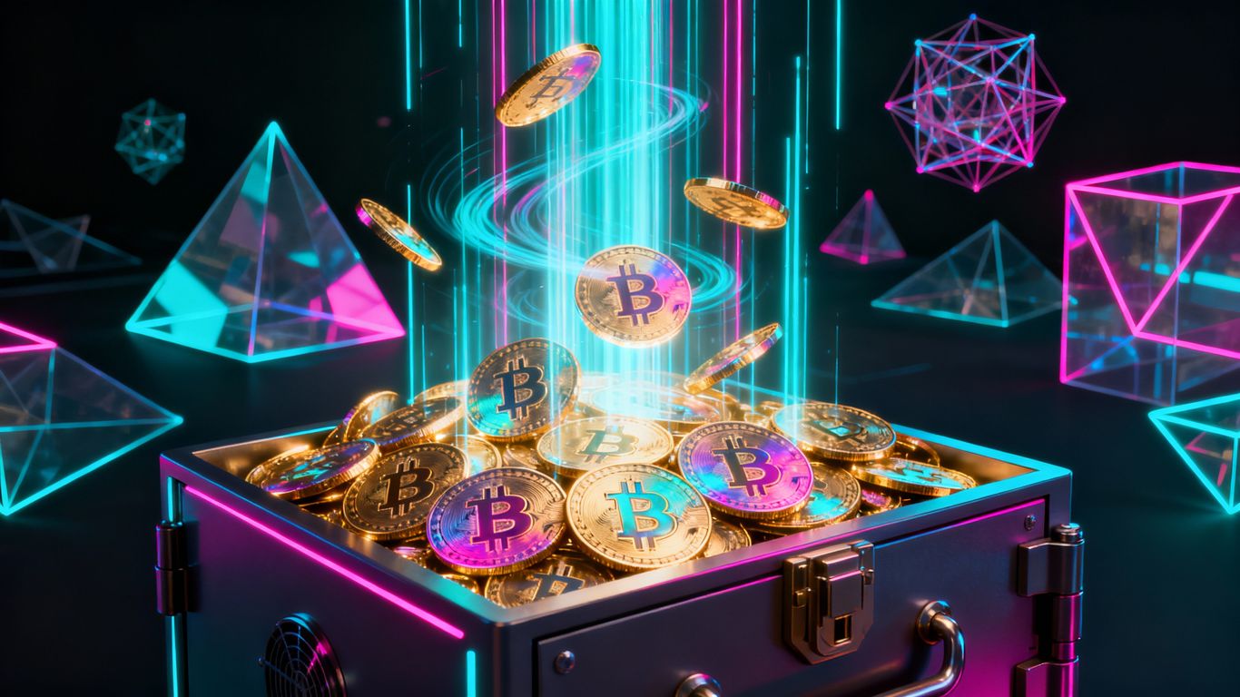 Digital vault overflowing with glowing cryptocurrency coins.