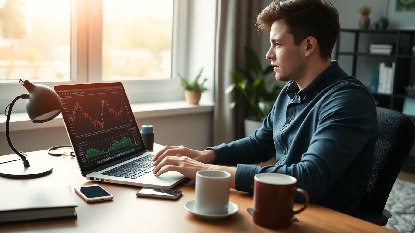 Beginner trader studying options on laptop at desk