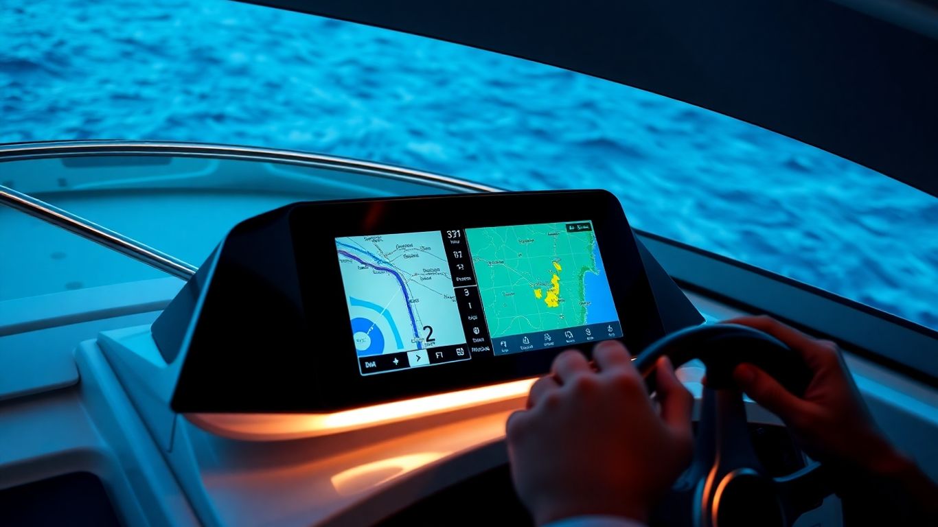 Boat helm with electronic chart display and hands on wheel.