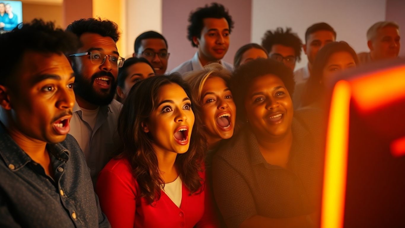 Pessoas surpreendidas olhando para uma TV em direto.