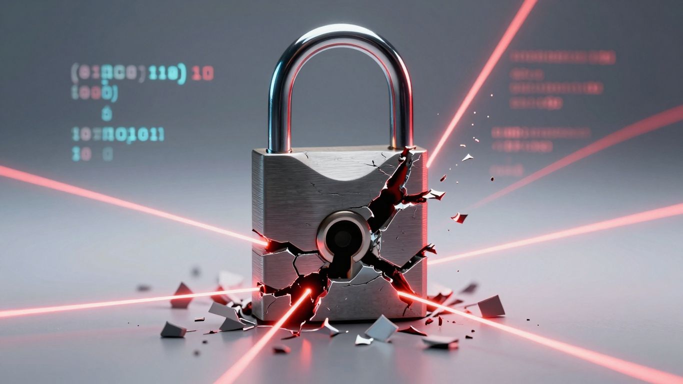 Cracked digital lock, cyberattack breach, code streams.