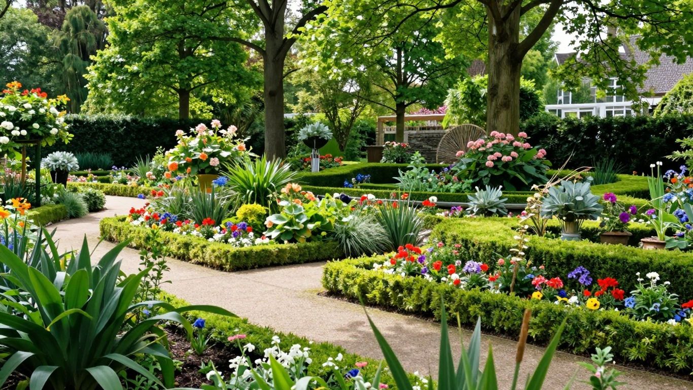 Mooie tuin in Zuid-Limburg met bloemen en groen.
