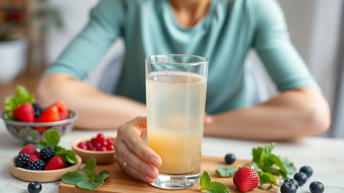 Hands holding collagen drink with healthy foods nearby