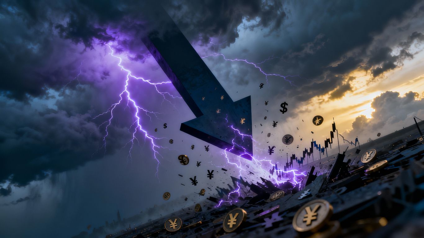 Market plunge with stormy sky and falling financial symbols.