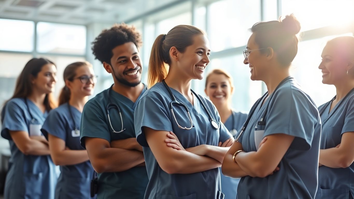 Healthcare professionals working together in a modern facility.