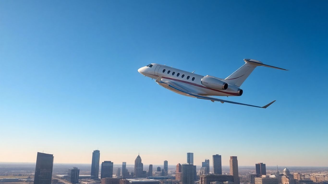 Private jet flying over Oklahoma City skyline.