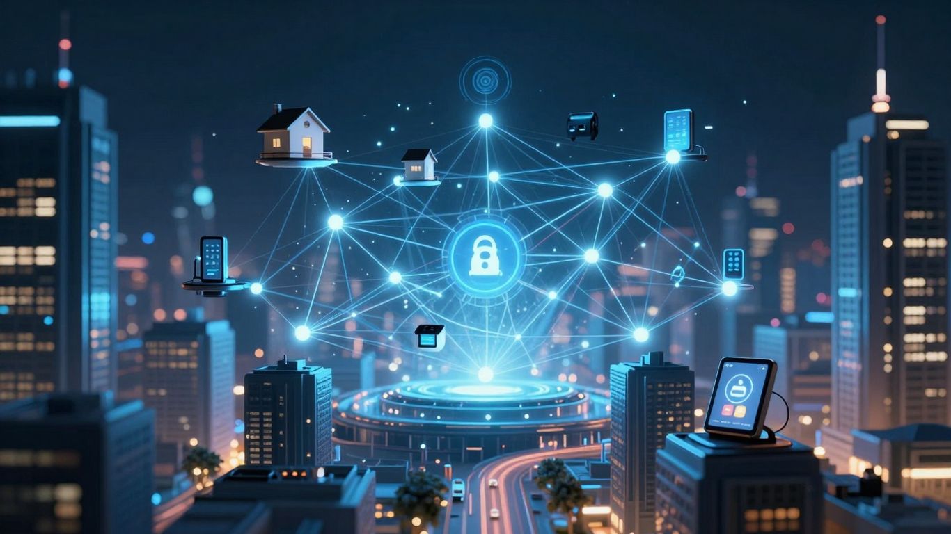 Blockchain network connecting IoT devices in a futuristic city.