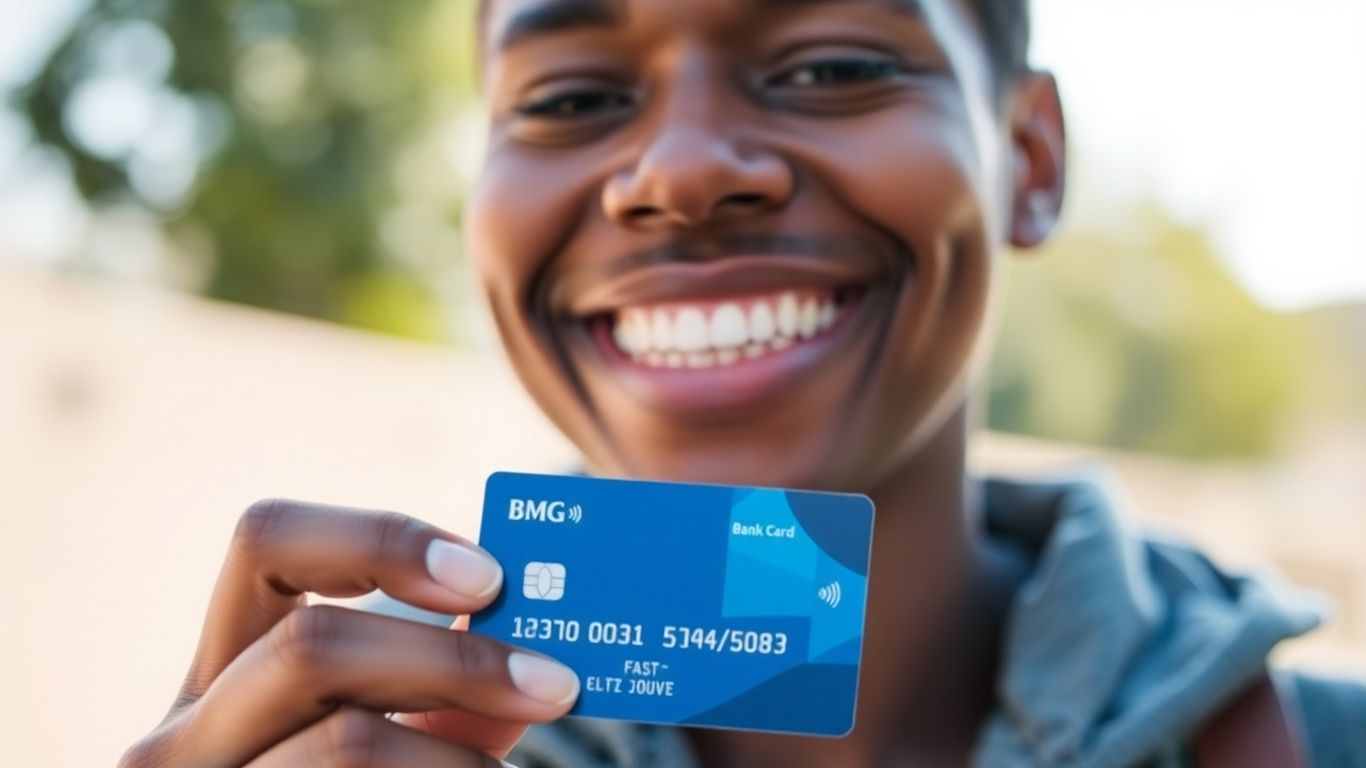 Pessoa sorrindo com cartão BMG