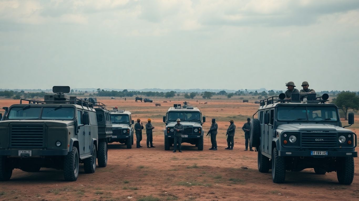 African military standoff with vehicles and soldiers.
