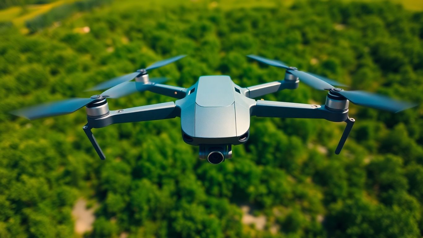 Drone hovering over green landscape