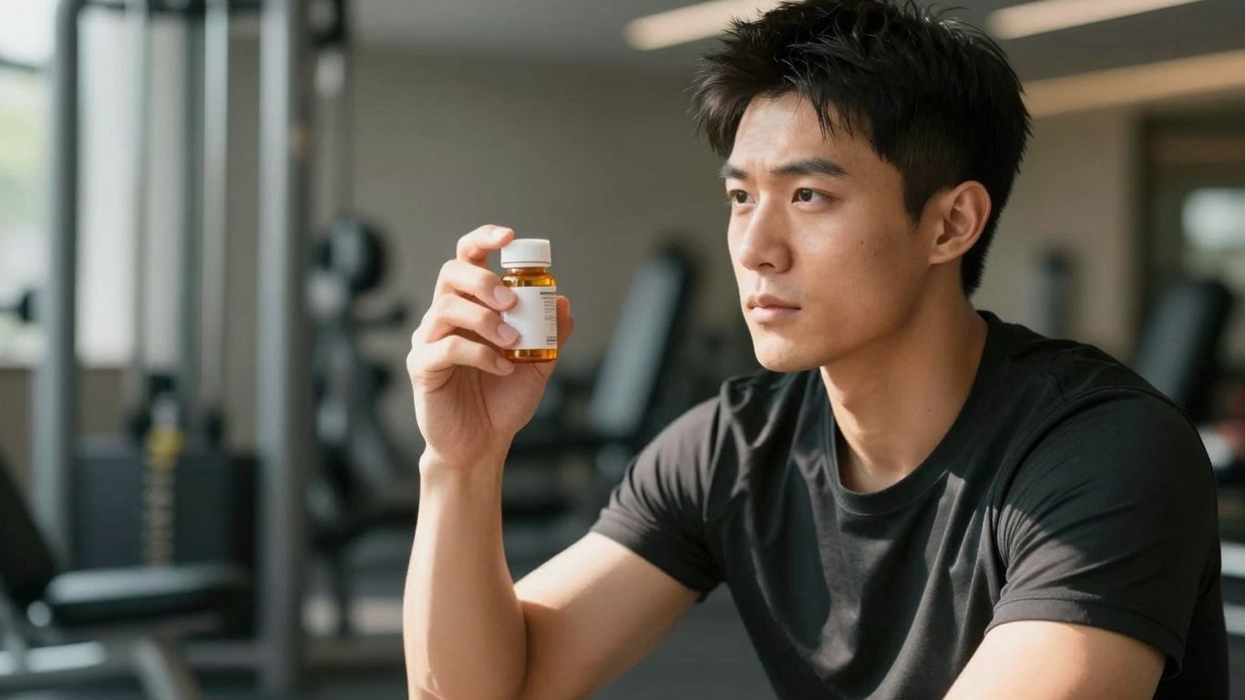Man holding oral testosterone pills bottle.