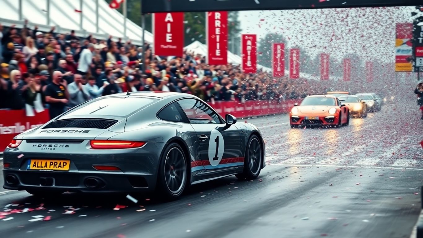 Porsche race car wins IMSA Championship, confetti falls.