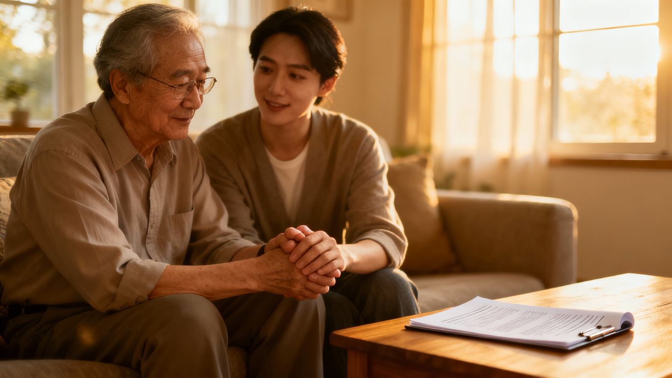 Couple discussing future care decisions with a document.