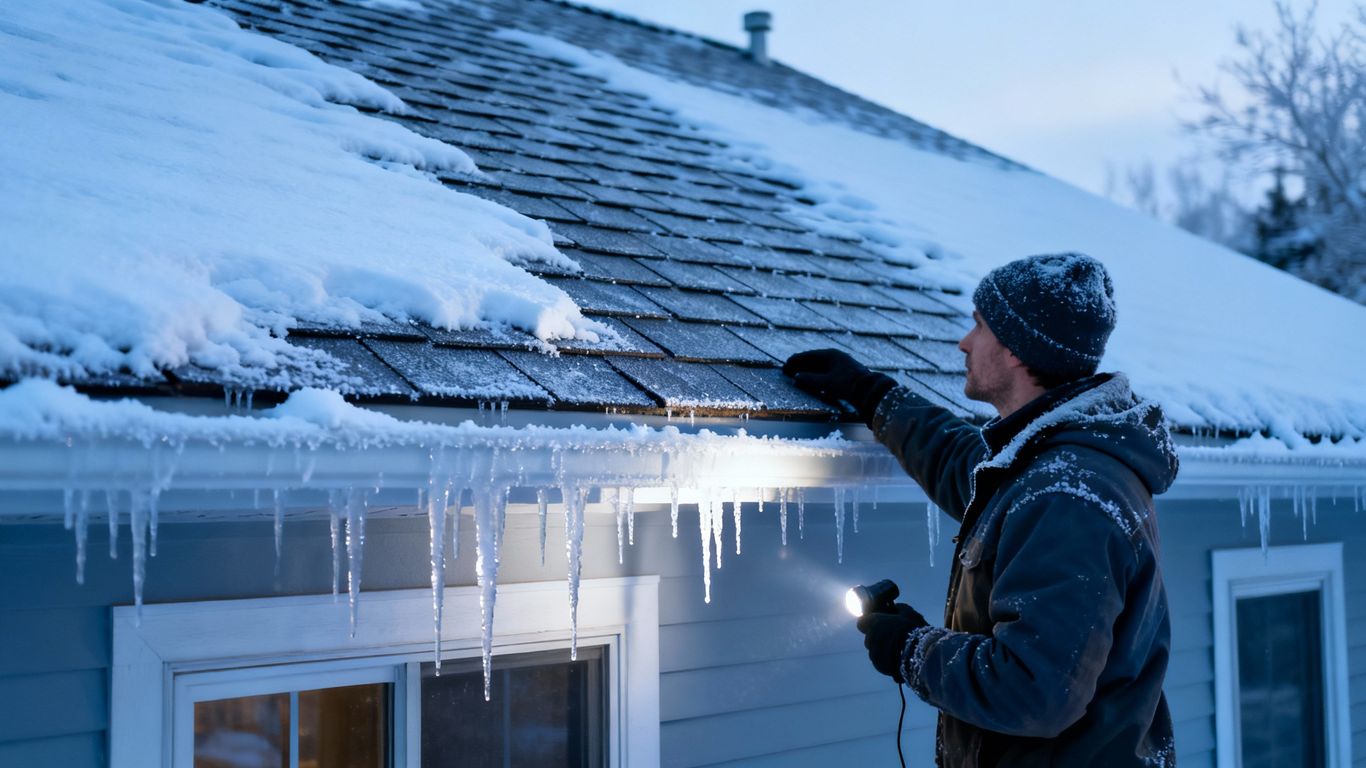 Homeowner inspecting snowy roof in winter.