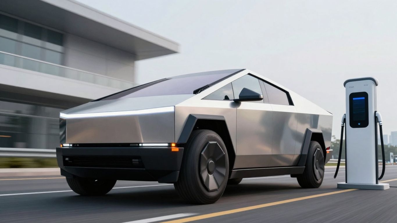 Electric truck charging at a futuristic station.