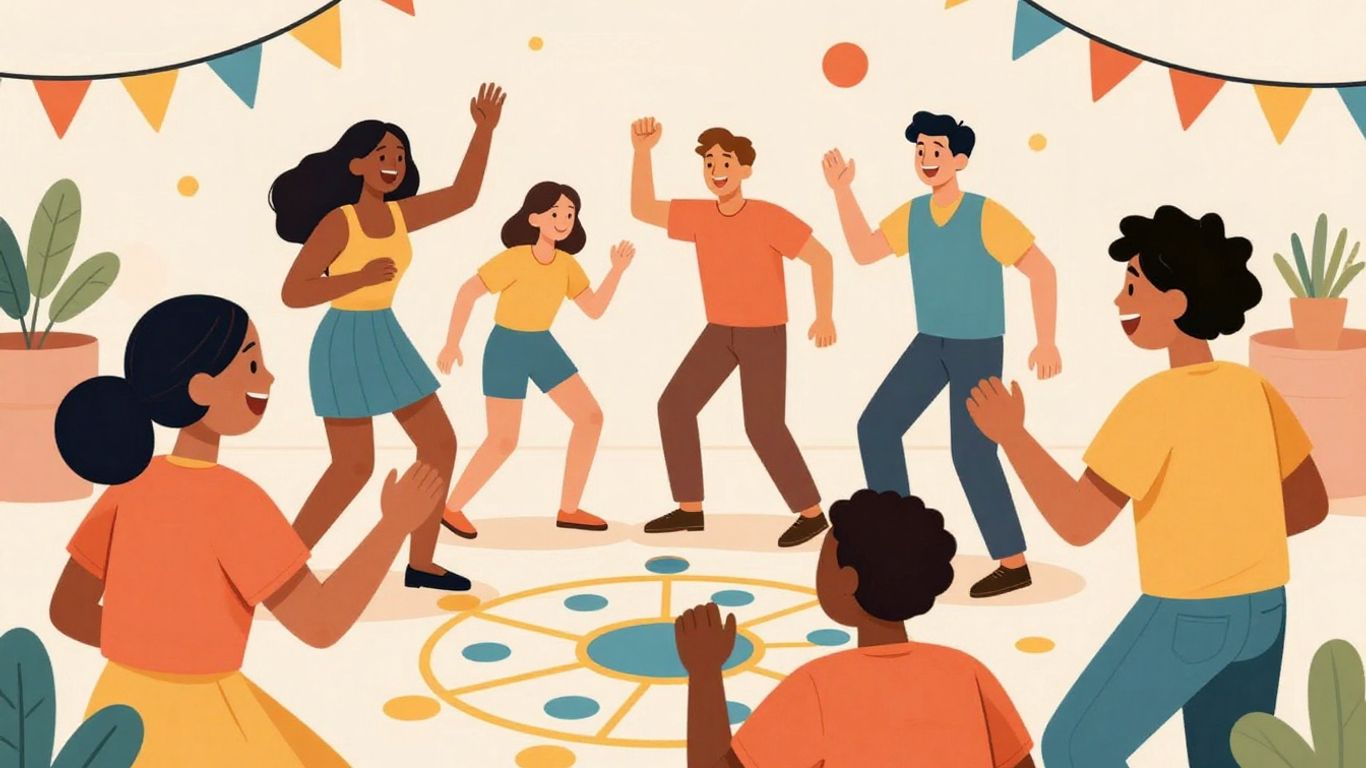 Friends laughing and playing a fun real-life game together.