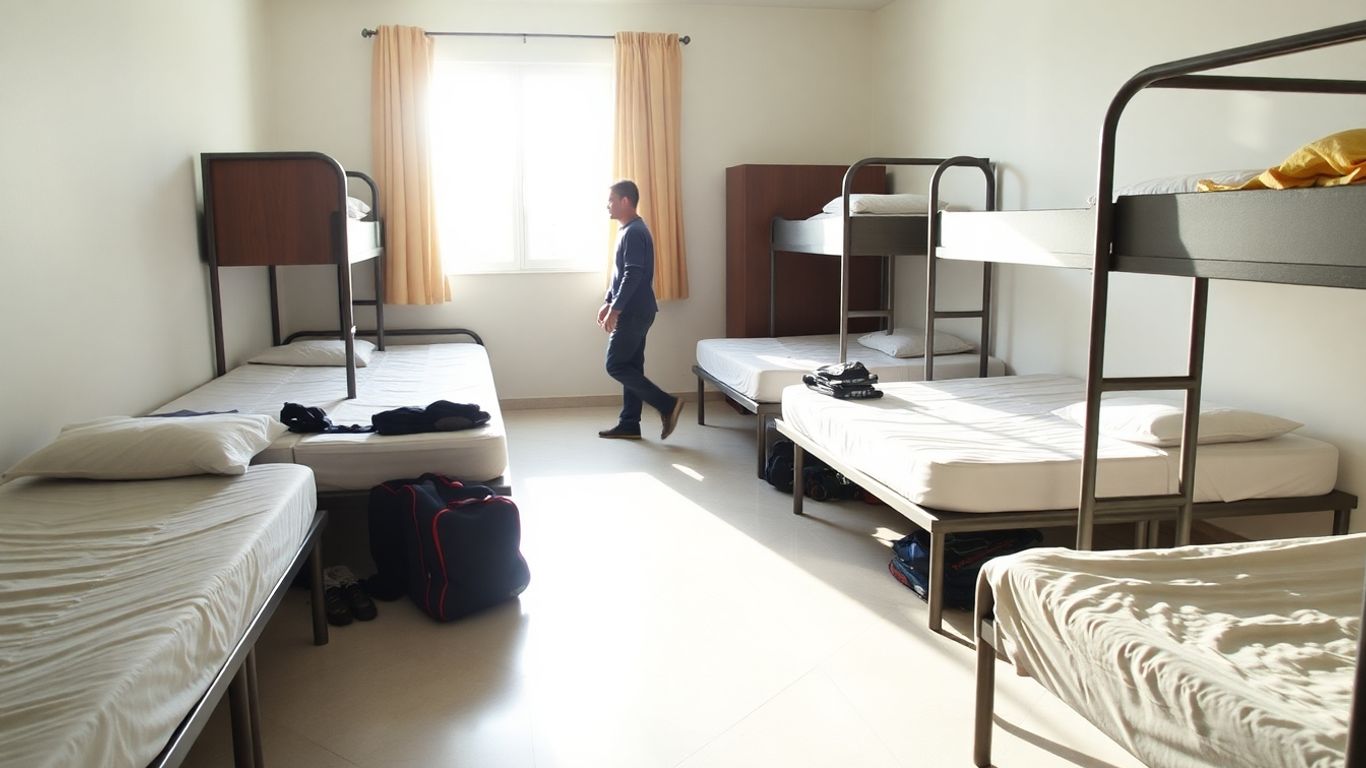 Clean hostel room with tidy beds and sunlight.