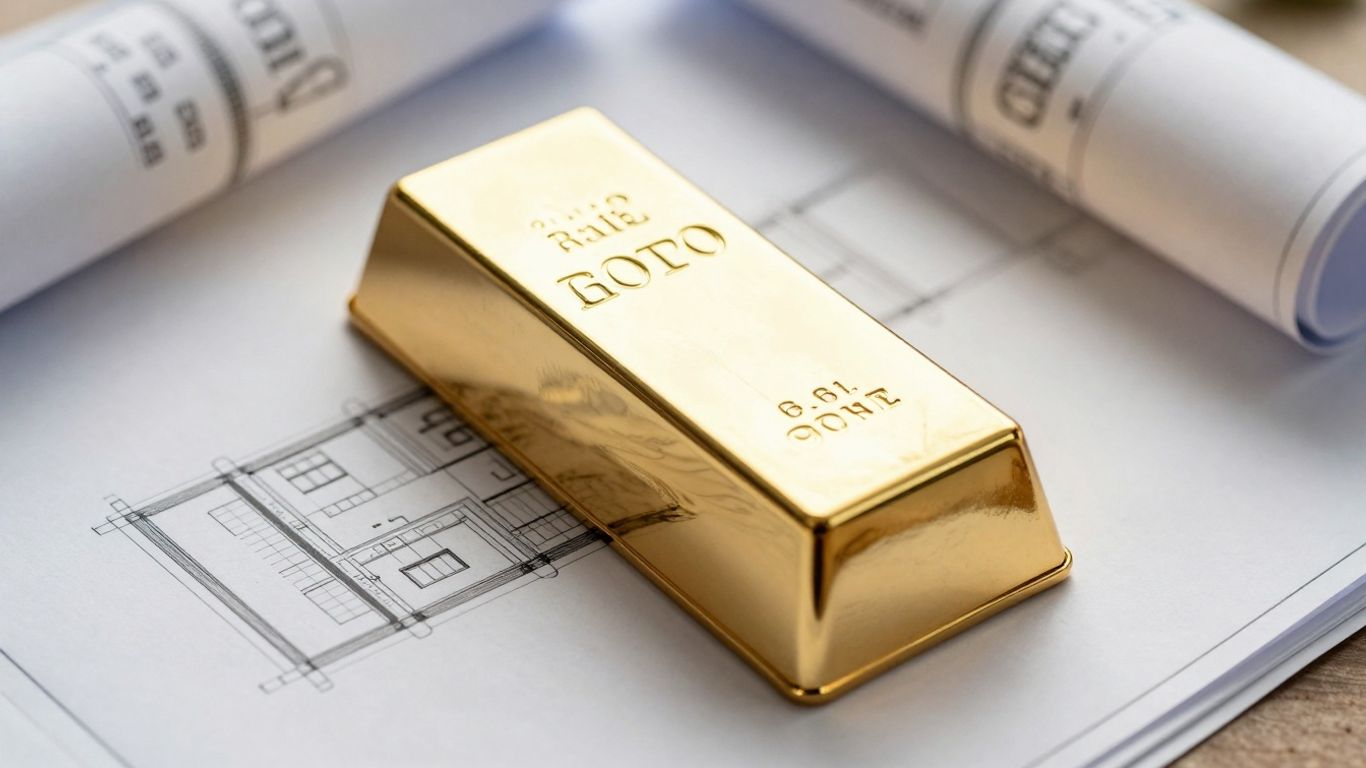 Barre d'or sur des plans immobiliers.