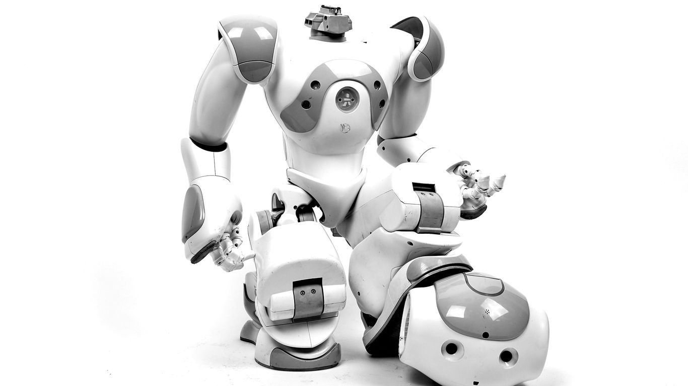 white and gray RoboSapien in white background