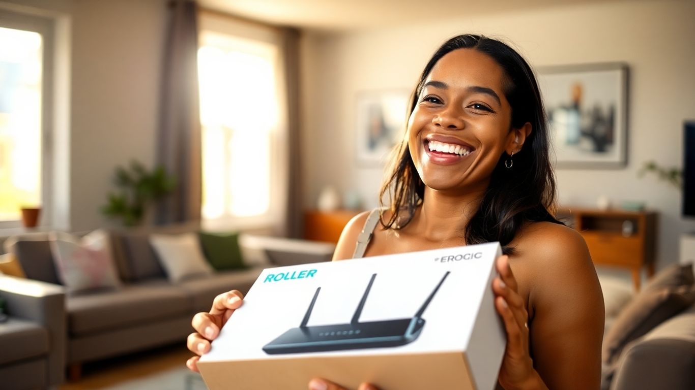 Pessoa feliz recebendo roteador de internet sem taxa de instalação.