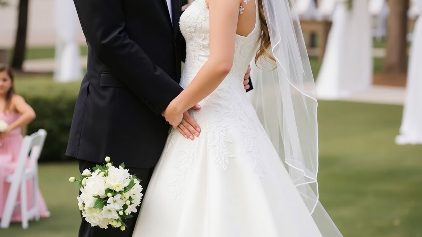 Couple in wedding attire, intimate ceremony outdoors.