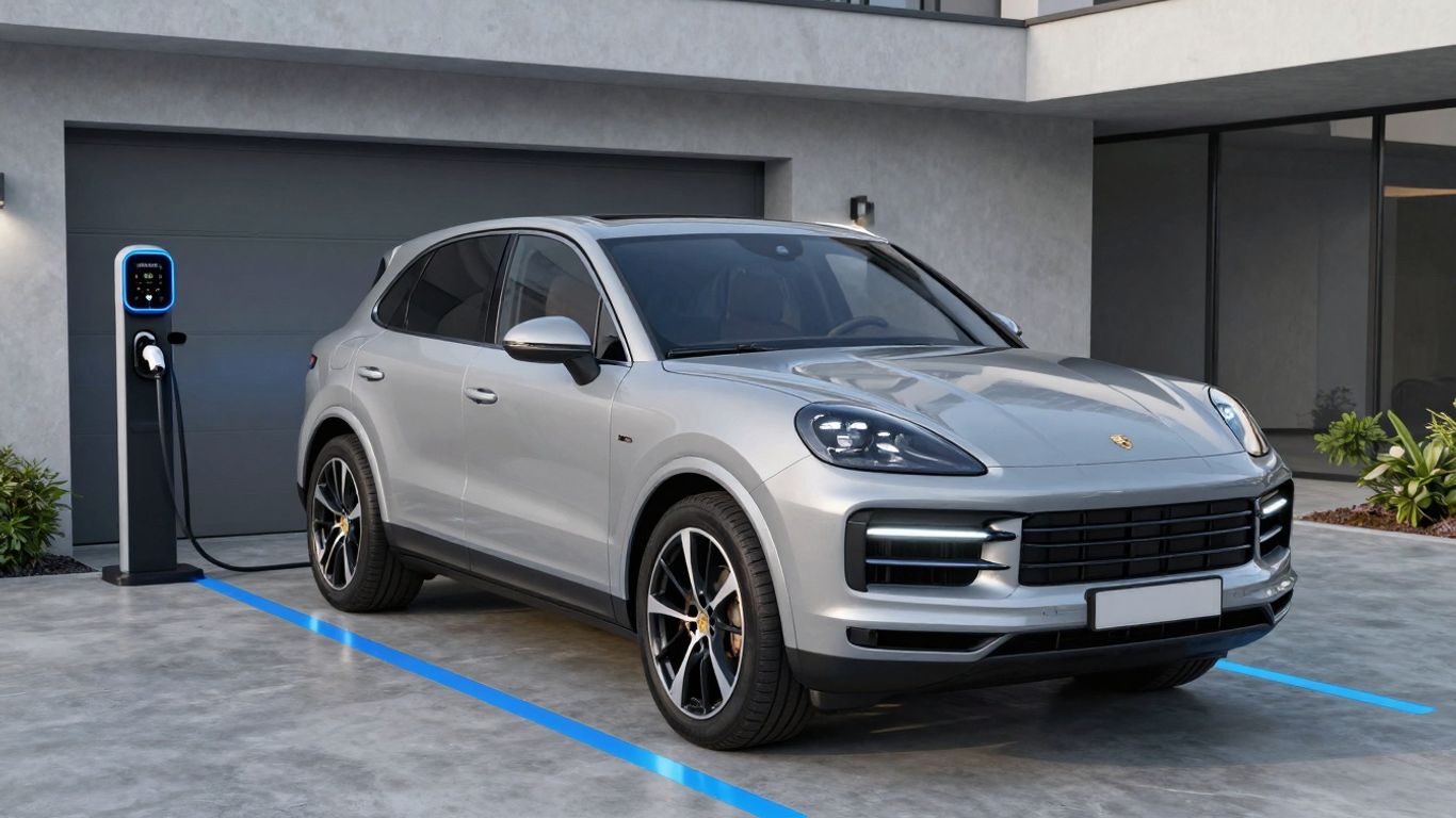 Porsche Cayenne Electric charging wirelessly on a driveway.
