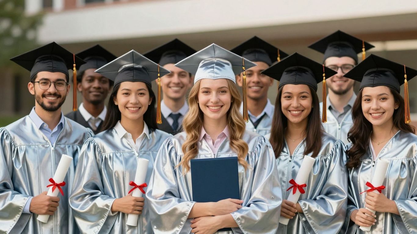 Estudantes sorrindo com diplomas em formatura técnica.