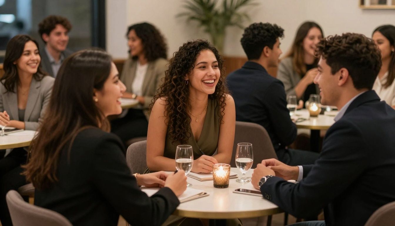 Couples interacting at a speed dating event.