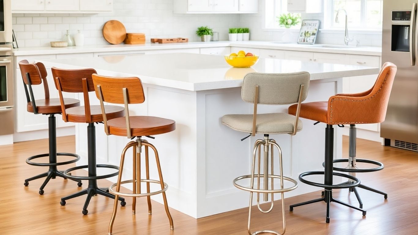 Various swivel counter stools around a kitchen island.