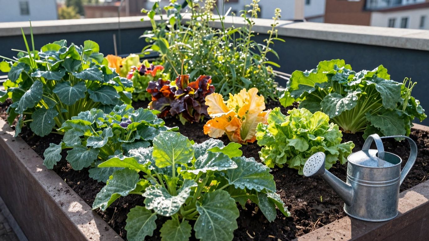 Nachhaltiger Urban Gardening mit Pflanzen und Gemüse auf dem Dach.