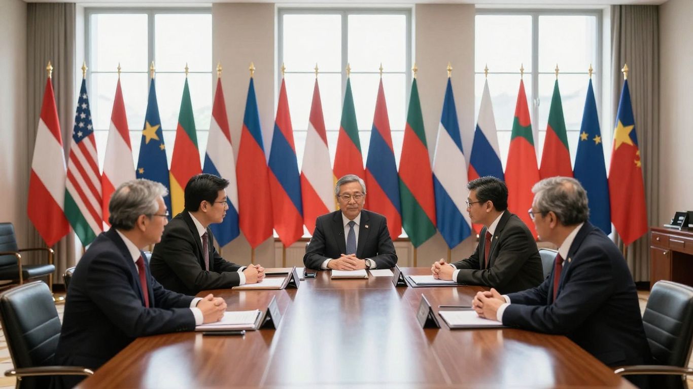 Diplomáticos reunidos discutiendo asuntos internacionales.