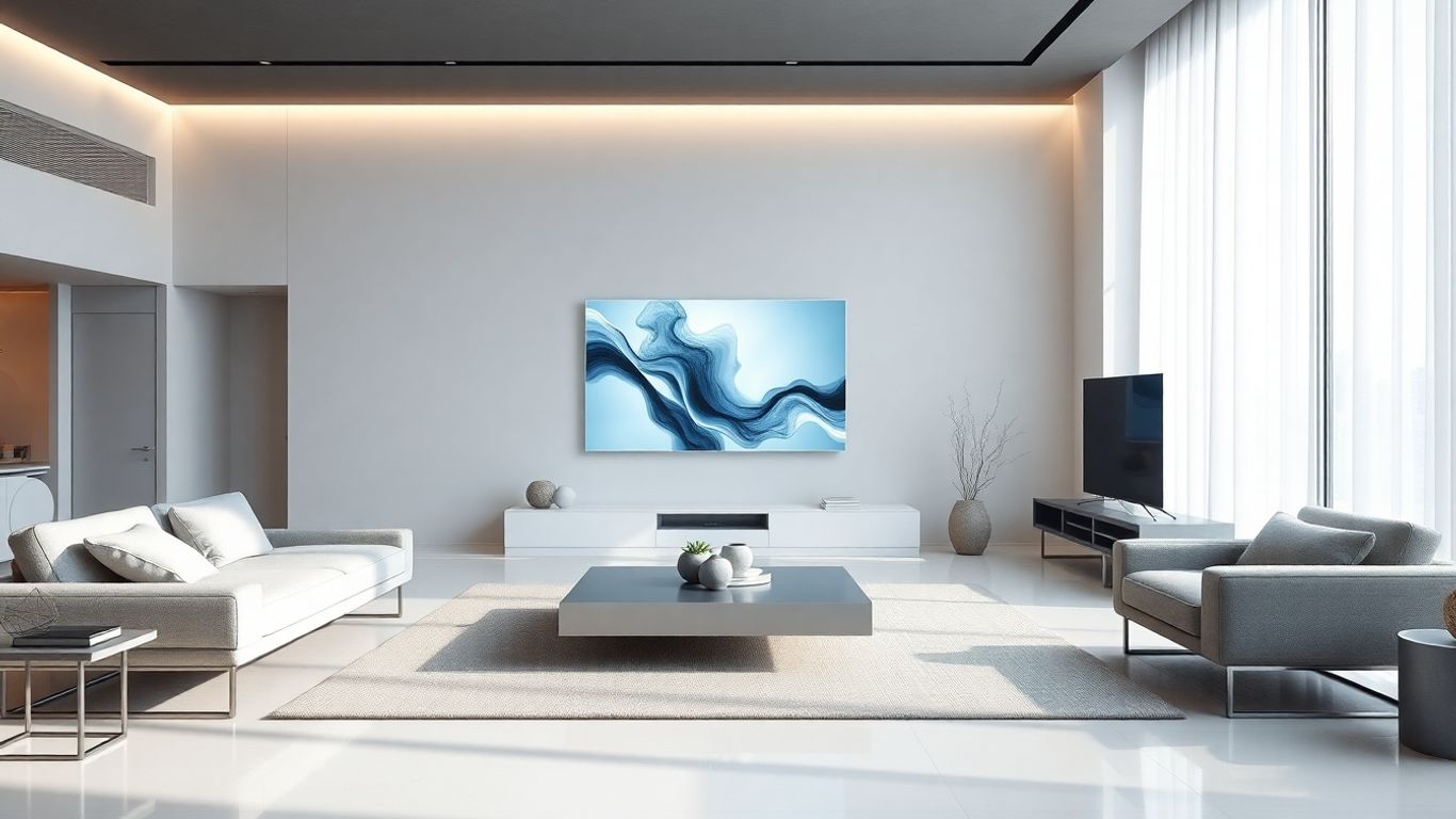 Futuristic living room with integrated smart home technology.