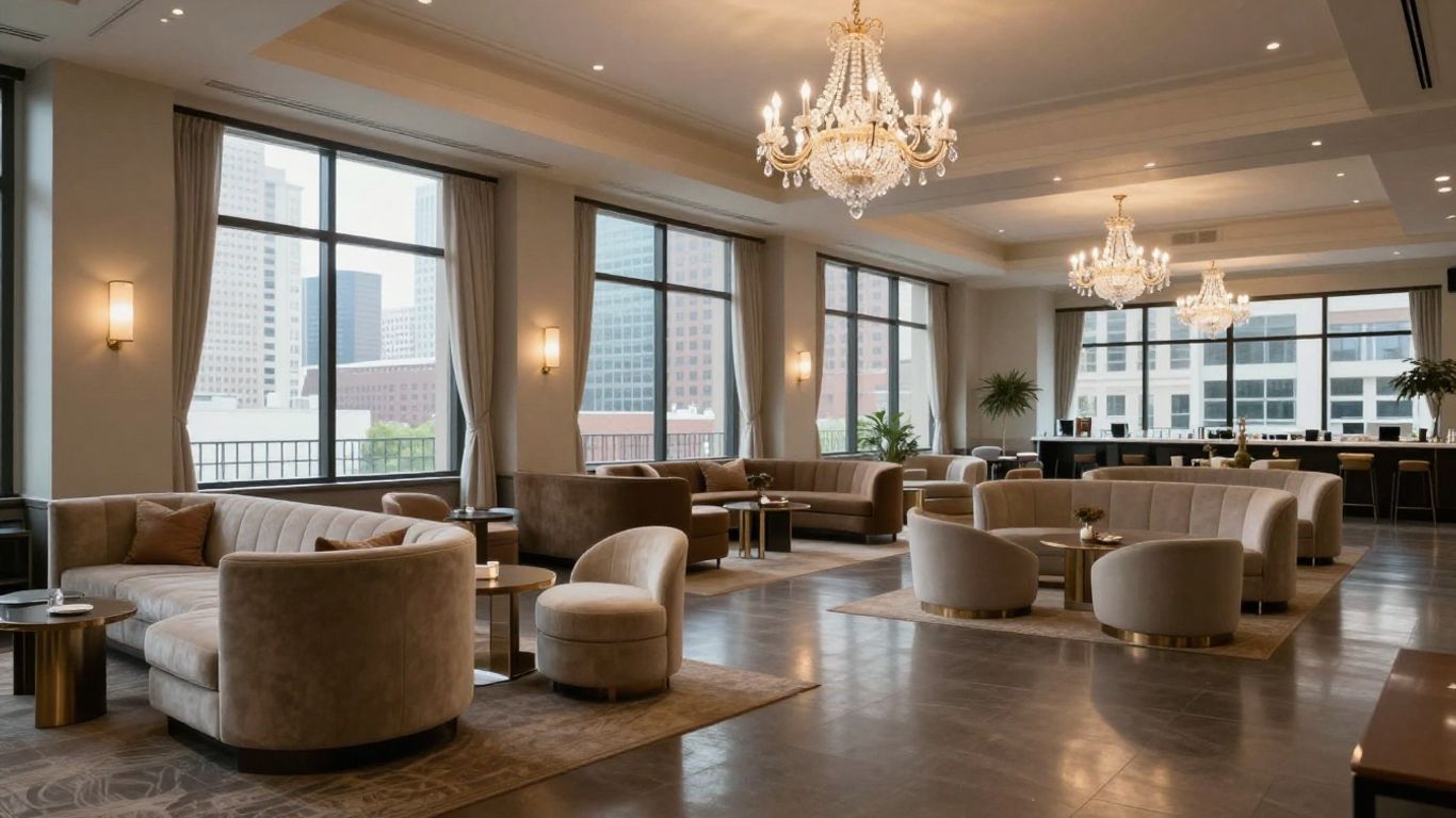 Elegant Dallas event venue interior with chandelier and city view.