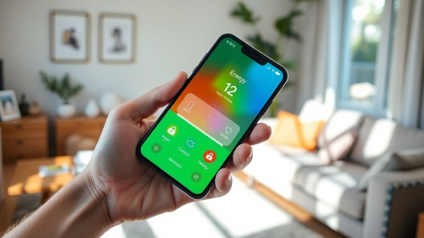 Smartphone con applicazione di monitoraggio energia in un soggiorno luminoso.